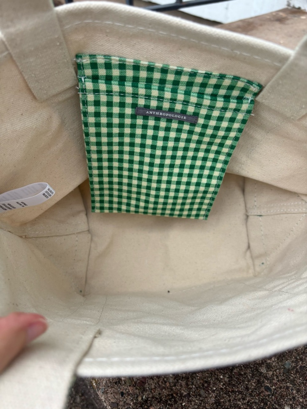 Anthropologie Cream Canvas Tote with Green Gingham Straps and Embroidered Duck - Picture 7 of 7